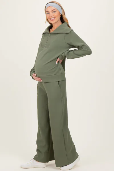 PinkBlush Light Olive Ribbed High Neck Half Zip Pullover Maternity Pant Set