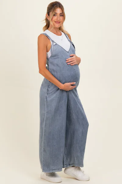 PinkBlush Denim V-Neck Tie Wide Leg Maternity Jumpsuit