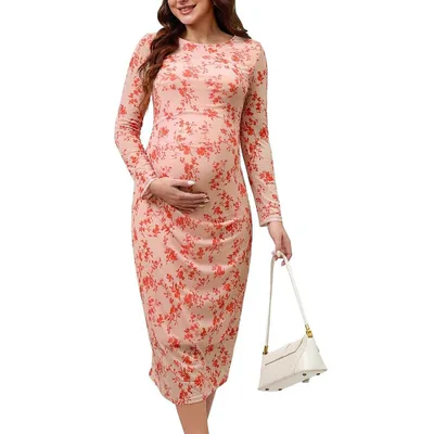 Target INSPIRE CHIC Maternity Dress Wedding Guest Mesh Floral Ruched Bodycon Long Sleeve Pregnancy Dresses Cocktail Fall Medium Pink