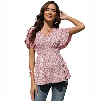 Target Coolmee Women's Maternity Tops V Neck Smocked Peplum Top Ruffle Short Sleeve Babydoll Blouse Pink XL