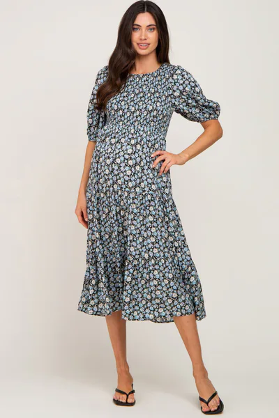 PinkBlush Black Floral Smocked Tiered Maternity Midi Dress