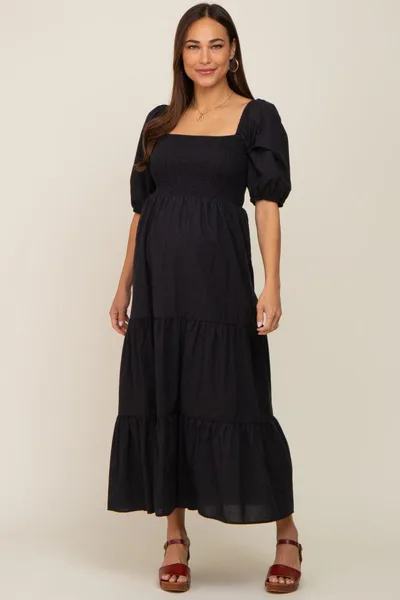 PinkBlush Black Square Neck Smocked Tiered Maternity Maxi Dress