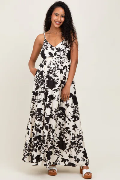 PinkBlush Black Floral Cutout Tie Back Maternity Maxi Dress