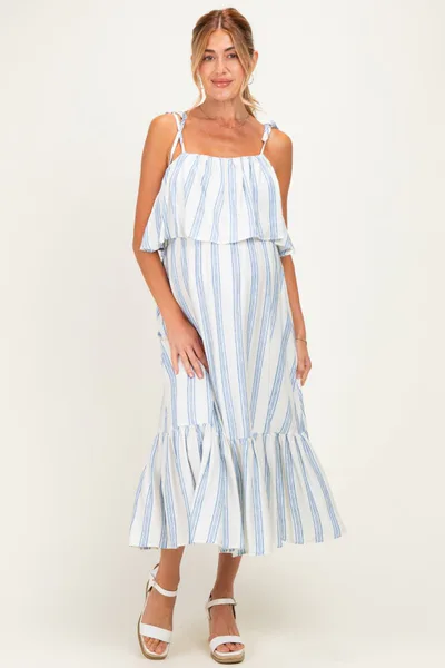 PinkBlush Blue Striped Flounce Shoulder Tie Maternity Midi Dress