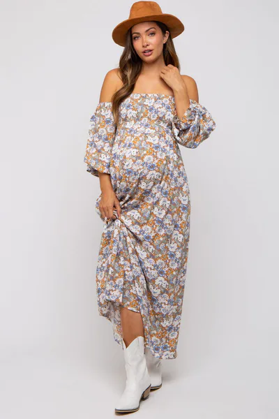 PinkBlush Taupe Floral Print Off Shoulder Smocked Maternity Maxi Dress