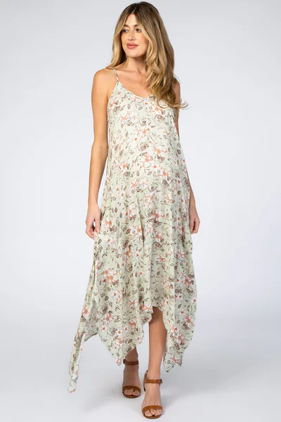 PinkBlush Light Mint Floral Asymmetrical Hem Maternity Dress