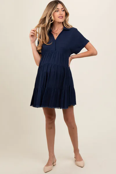 PinkBlush Navy Tiered Linen Maternity Dress