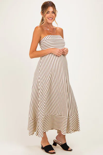 PinkBlush Cream Brown Striped Strapless A-Line Maternity Maxi Dress