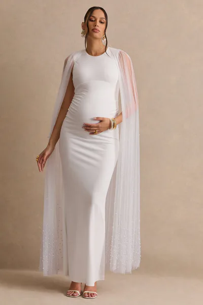 Club L London Tereza | White Round-Neck Maternity Maxi Dress With Sheer Cape