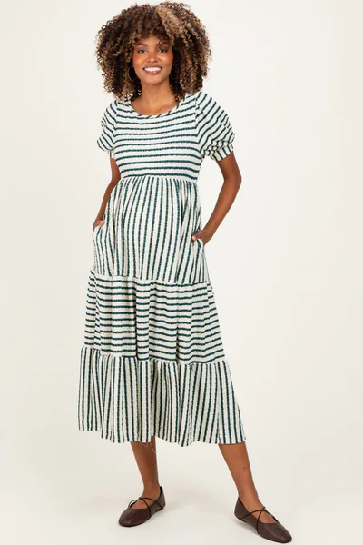 PinkBlush Cream/ Emerald Striped Short Sleeve Tiered Maternity Maxi Dress