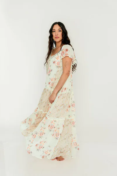 Worth Collective Isabella Floral Lace Trim Maxi Dress in Beige Multi - Bump Friendly
