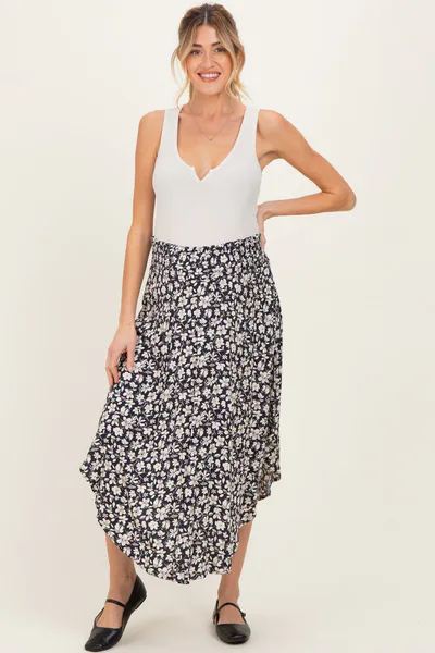 PinkBlush Black Floral Tulip Hem Maternity Midi Skirt