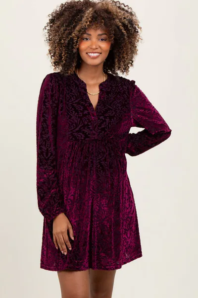 PinkBlush Burgundy Velvet Damask Print Long Sleeve Maternity Mini Dress