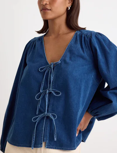 For The Creators Denim Tie Front Bernadetta Blouse