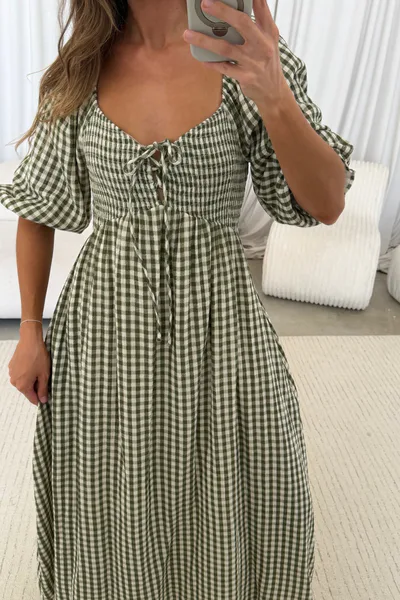 Worth Collective Cecilia 100% Cotton Smocked Maxi Dress in Olive Green Plaid - Bump Friendly
