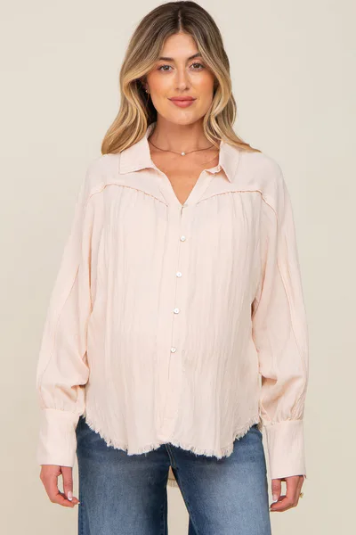PinkBlush Peach Button-Down Raw Hem Maternity Blouse