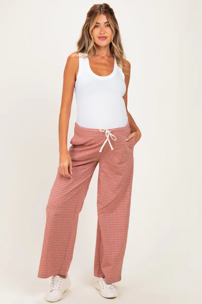 PinkBlush Mauve Drawstring Checker Plaid Maternity Pants