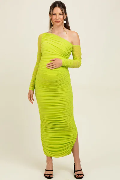 PinkBlush Lime Ruched Mesh One Shoulder Long Sleeve Maternity Maxi Dress