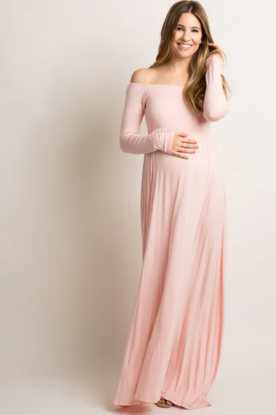 PinkBlush PinkBlush Tall Pink Solid Off Shoulder Maternity Maxi Dress