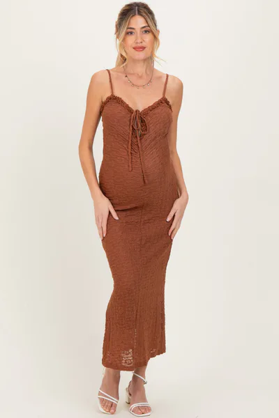 PinkBlush Brown Lace Cutout Tie Front Maternity Maxi Dress