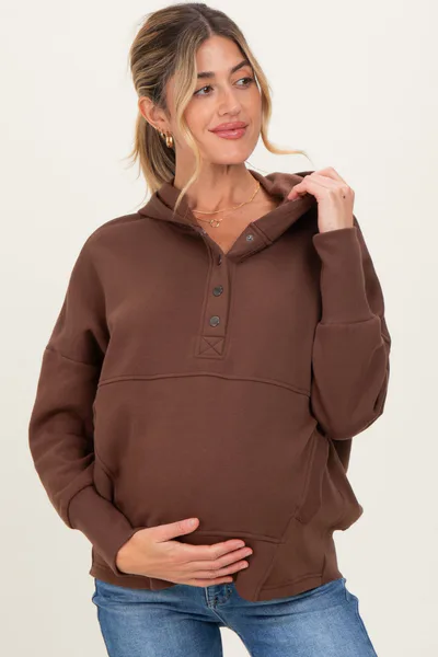 PinkBlush Brown Fleece Snap Button Maternity Hoodie