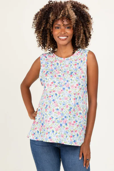 PinkBlush Ivory Floral Ribbed Crewneck Maternity Tank