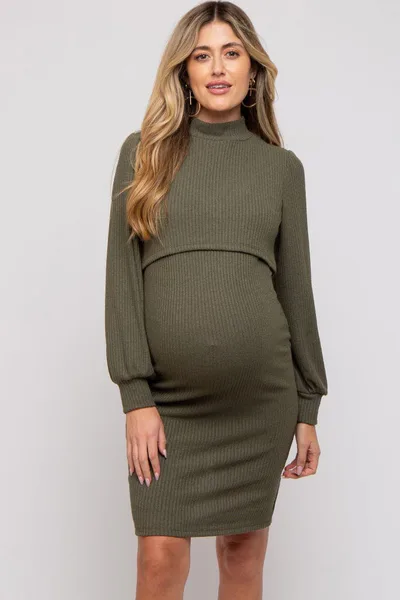 PinkBlush Olive Rib Knit Mock Neck Maternity Nursing Dress