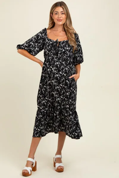 PinkBlush Black Floral Front Tie Puff Sleeve Maternity Midi Dress