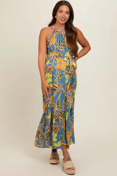 PinkBlush Blue Floral Open Back Maternity Midi Dress