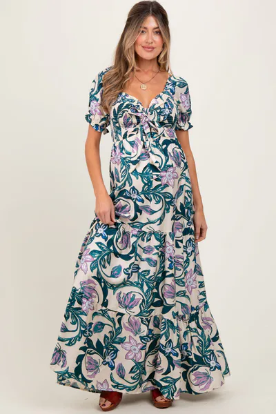 PinkBlush Teal Floral Smocked Front Tie Maternity Maxi Dress