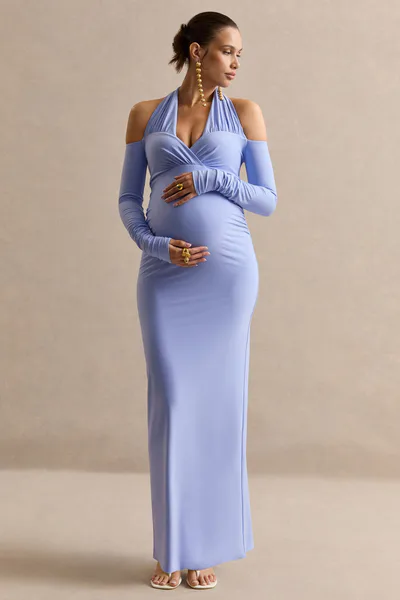 Club L London Melisandre | Light Blue Halter-Neck Maternity Maxi Dress