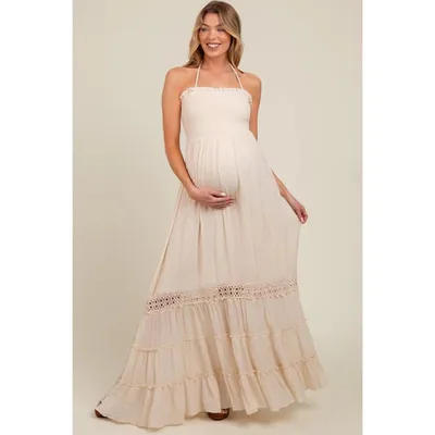 Target Pinkblush Cream Smocked Open Back Maternity Maxi Dress Large