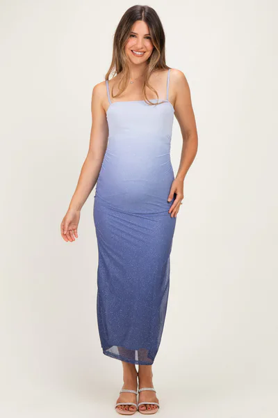 PinkBlush Sea Blue Glitter Mesh Ombre Ruched Maternity Midi Dress