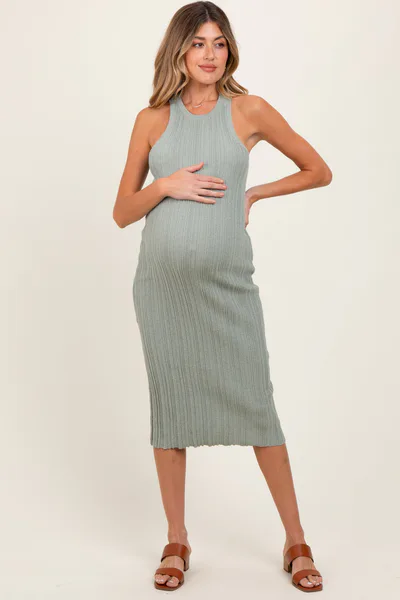 PinkBlush Sage Round Neck Bodycon Ribbed Knit Maternity Midi Dress