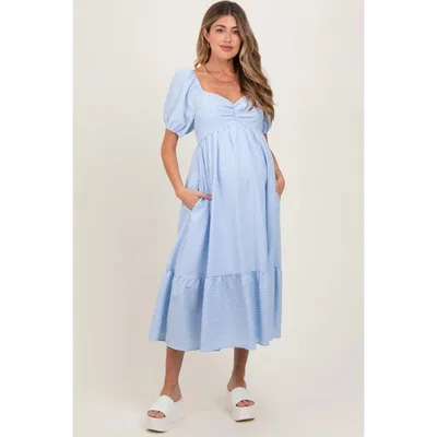 Target PinkBlush Light Blue Sweetheart Stripe Smocked Back Maternity Midi Dress Light Blue Medium