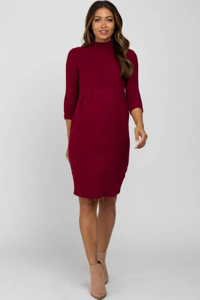 PinkBlush Burgundy Brushed Mock Neck Fitted Maternity Dress