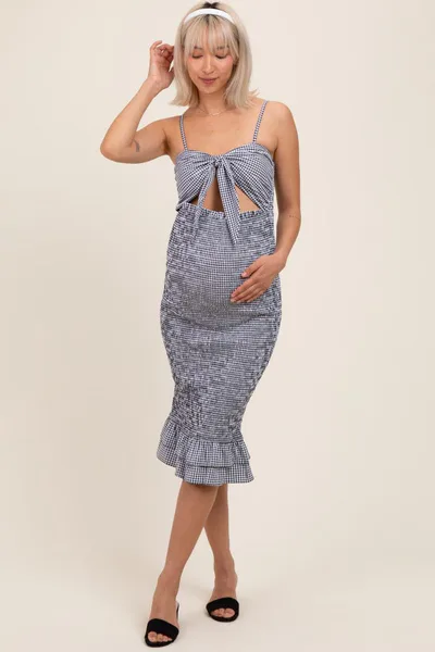 PinkBlush Black Gingham Smocked Cutout Maternity Midi Dress