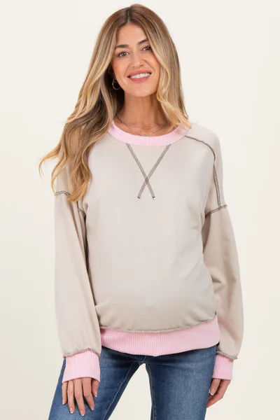 PinkBlush Cream Contrast Band Exposed Seam Maternity Pullover
