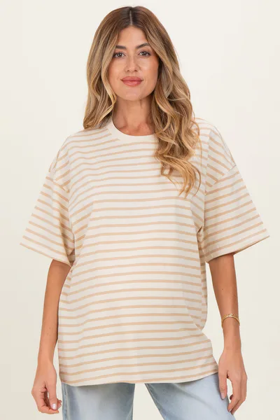 PinkBlush Taupe Striped Short Sleeve Crew Neck Oversized Cotton Maternity Top