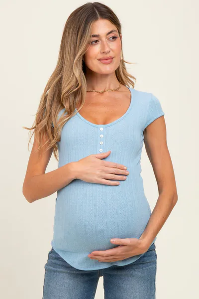 PinkBlush Sky Blue Jacquard Button Front Maternity Short Sleeve Top