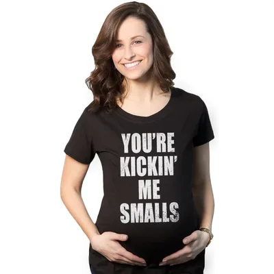 Target Maternity Kicking Me Smalls Funny T shirt Pregnancy Announcement Novelty Tee - Crazy Dog Maternity T Shirt With Movie Sayings Black L