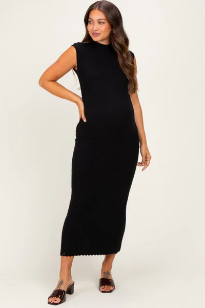 PinkBlush Black Ribbed Knit Mock Neck Maternity Maxi Dress