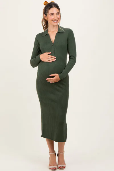 PinkBlush Olive Ribbed Knit Maternity Polo Sweater Dress
