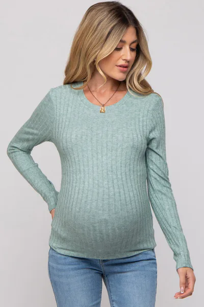 PinkBlush Green Ribbed Long Sleeve Top