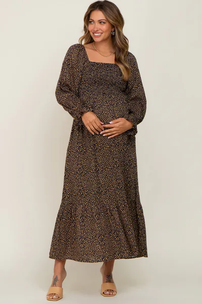 PinkBlush Black Leopard Print Square Neck Smocked Maternity Midi Dress
