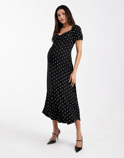 ASOS scalloped collar puff sleeve seam detailing midi day dress in black and white polka dots