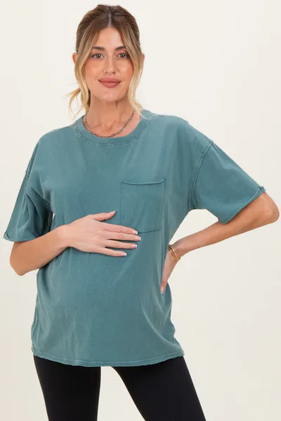 PinkBlush Teal Vintage Wash Raw Edge Pocket Maternity T-Shirt