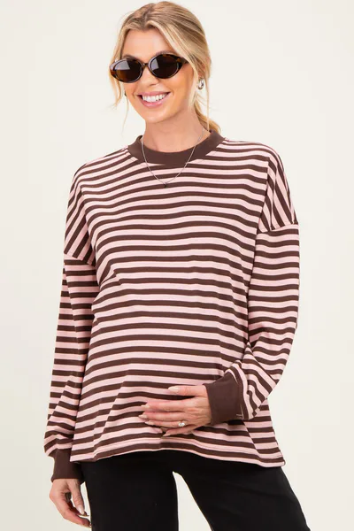PinkBlush Brown Striped Oversized Maternity Pullover