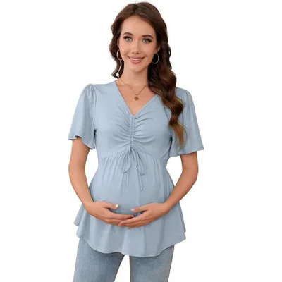 Target Coolmee Women's Short Sleeve V Neck Tops Blouses Ruffle Hem Tie Front Crop Summer Tops Blue Grey M