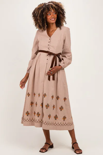 PinkBlush Sepia Button Down Embroidered Plaid Maternity Midi Dress